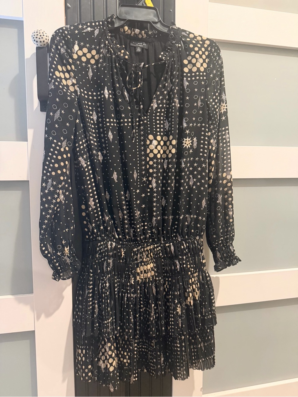 Current Air Black Long-Sleeve Tiered Dress with Gold Star & Dot Pattern